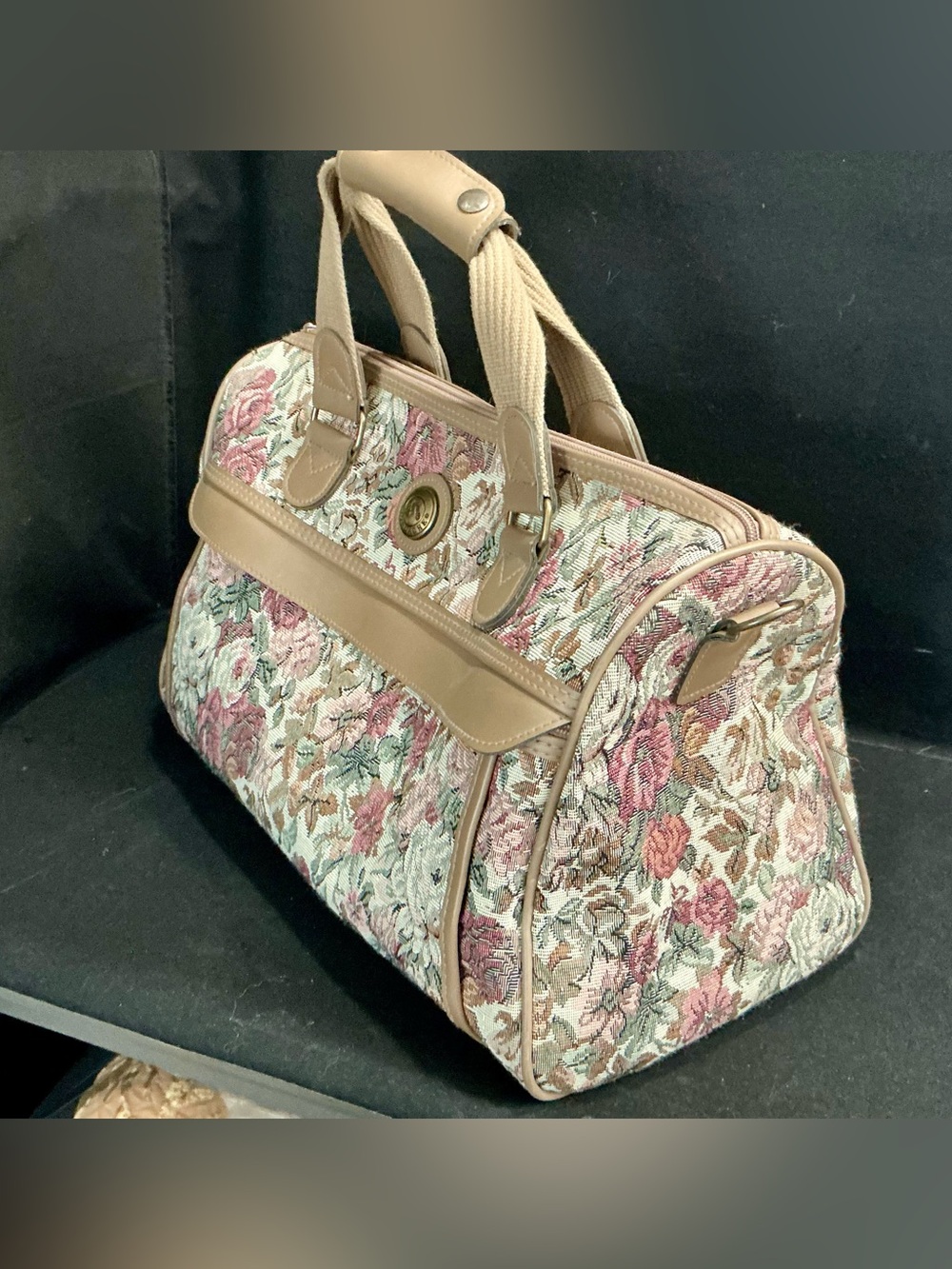 VTG 80s Jordache Floral Jacquard Tapestry Travel Bag - Pink & Taupe Carry-On
